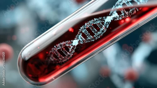 Biomedical Visualization Of DNA Helix In Transparent Tube With Red Blood Substance
