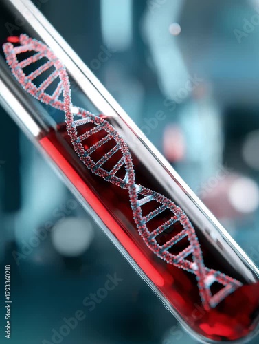 Transparent Medical Vial Containing Red Liquid With Illuminated DNA Double Helix