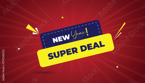 new year super deal banner web vector art template design badge icon label deep blue yellow shapes white bold text dark red light sun shine abstract business background