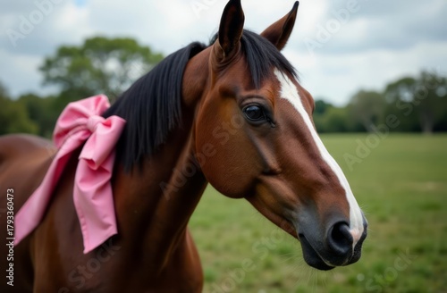 portrait of a brown horse with a pink bow