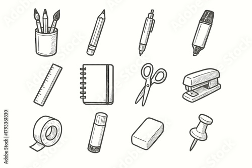 Supplies marker stapler push fineliner vector icon stick stationery notebook pin set