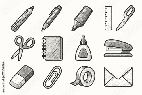 Icon envelope stapler set scissors tape vector writing tools paper stationery ruler