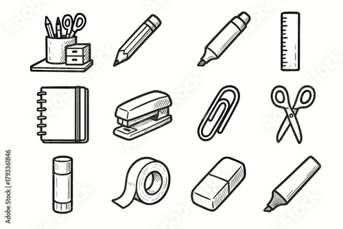 Hand drawn vector stationery eraser tape icon scissors tidy stapler notebook marker