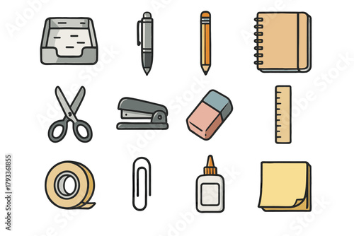 Pen stationery icon set tape roll vector office glue scissors sticky eraser