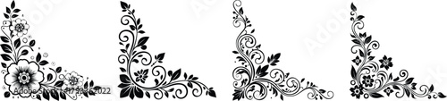 Elegant ornamental black corner design with floral curve line art on white minimalist background
