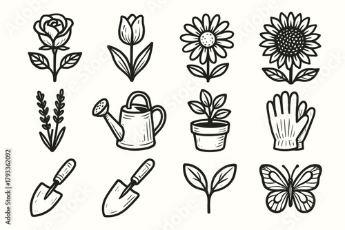 Plant can sprout icons butterfly leaf gardening lavender vector icon garden potted