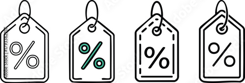 Minimal thin line vector icon of price tag with tiny percentage symbol retail discount concept