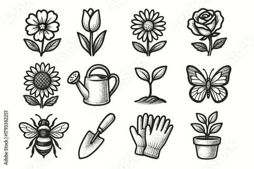 Vector blooming sunflower tulip icon trowel garden can watering icons sprout daisy