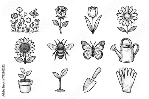 Plant sunflower garden scene bee blooming icons botanical potted butterfly vector shovel