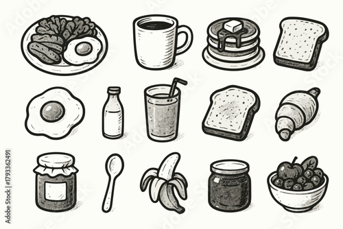 Icon breakfast vector collection jar toast brunch juice pancake fruit orange bowl