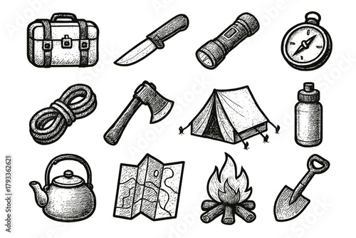 Map icon knife vector axe kit tent icons compass survival kettle tools