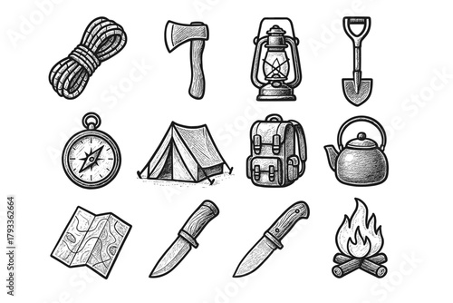 Wilderness knife axe backpack rope tools camping vector shovel icon compass