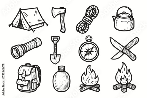 Axe icons backpack compass flashlight tent tools icon set camping shovel campfire