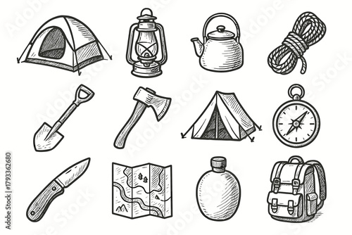 Lantern camping tent tools shovel icons compass canteen icon axe backpack map