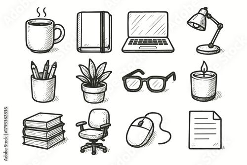 Vector candle holder pencil coffee pot icon chair paper cozy stack workspace
