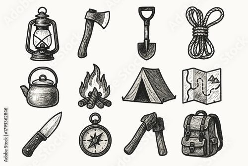 Axe tools tent icons shovel campfire icon knife kettle camping vector lantern