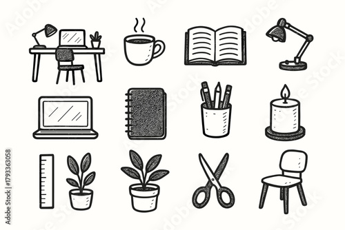 Desk laptop icons holder pen lamp scissors workspace cozy cup icon vector