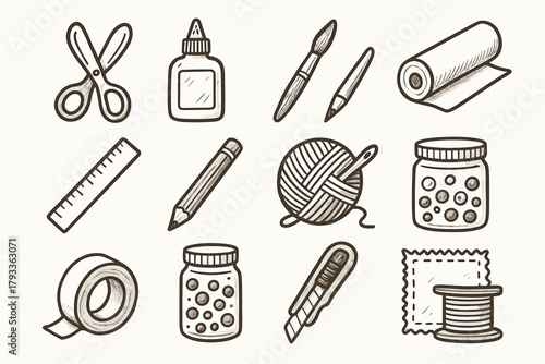 Roll icon ruler jar glue corner icons paintbrush vector yarn craft needle