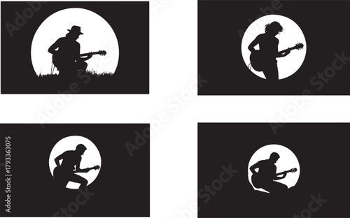 Silhouettes of guitarists against a large moon music