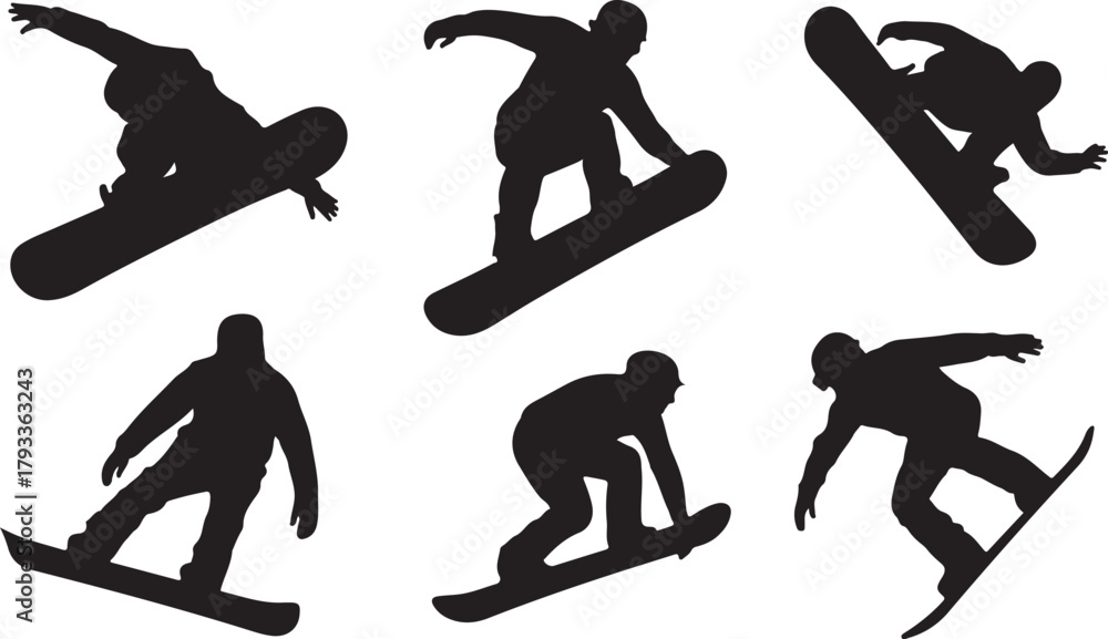 Obraz premium Six Snowboarder Silhouettes in Action Poses snowboarding