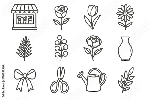 Set watering vector peony tulip flower ribbon daisy floral branch icon