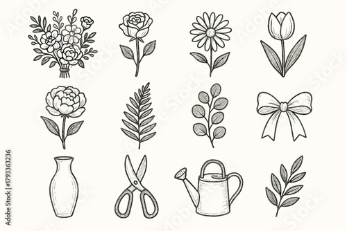 Watering floral icon scissors peony leaf set branch blooming can vase vector