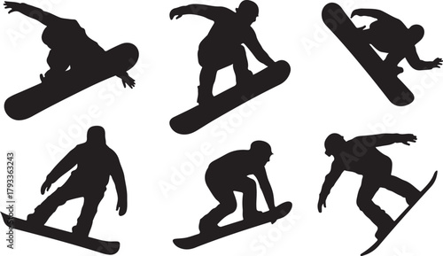 Six Snowboarder Silhouettes in Action Poses snowboarding