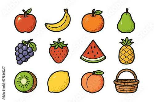 Pear strawberry icons peach icon banana lemon vector basket pineapple kiwi fruit