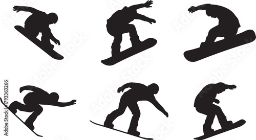 Six Snowboarder Silhouettes in Dynamic Poses snowboarding