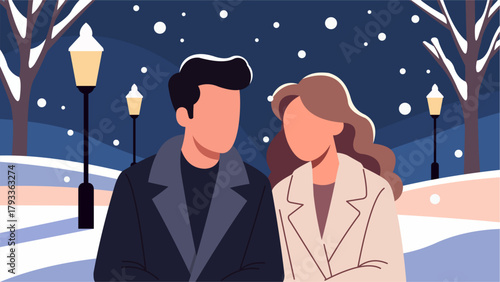 Romantic Couple Walking in Winter Park at Night in Flat Design Illustration