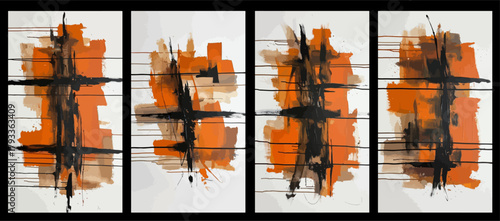Abstract art panel featuring vertical black lines and orange splatters on white background