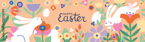 Happy Easter banner. Trendy Easter design with typography, hand written lettering, with spring flowers, eggs and Easter bunnies. Modern art style. Horizontal poster, greeting card, header for website