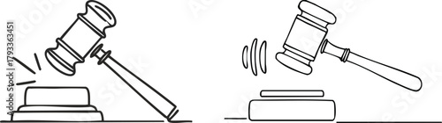Continuous line gavel striking block elegant judge hammer outline justice legal icon concept