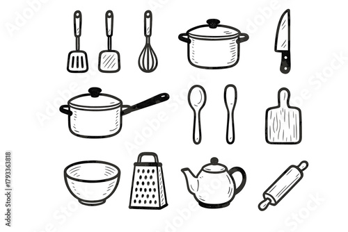 Kitchen tool vector icons pin knife tools saucepan whisk icon bowl cutting