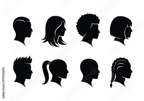 Diverse collection of human head silhouettes showing various hairstyles
