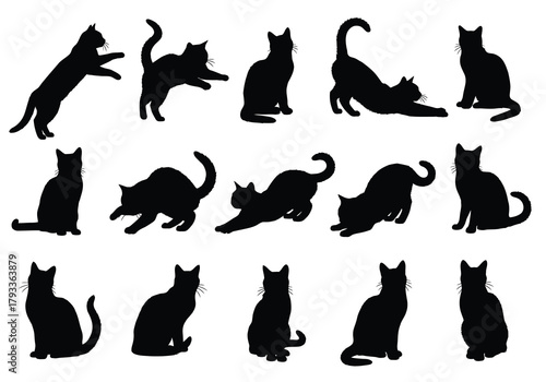 Variety of black cat silhouettes showcasing different poses and actions