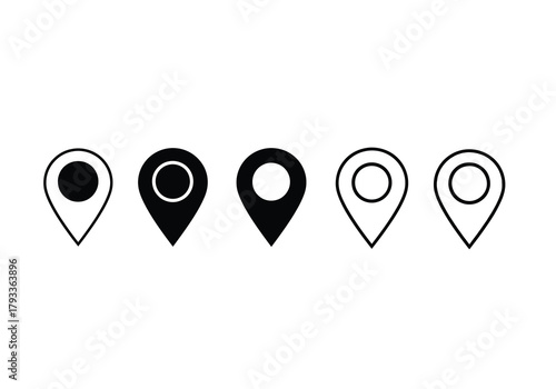 Five black and white location marker icons in a row