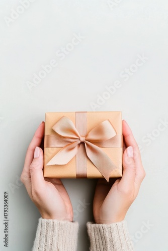Faceless hands offering a wrapped gift with soft light, symbolizing generosity and kindness.