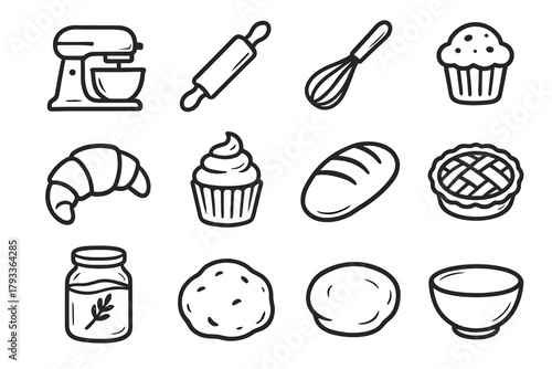 Icon cupcake bakery set vector pie kitchen jar muffin bowl loaf