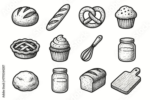 Icons bakery grid baguette vector board whisk jar icon pretzel muffin pin
