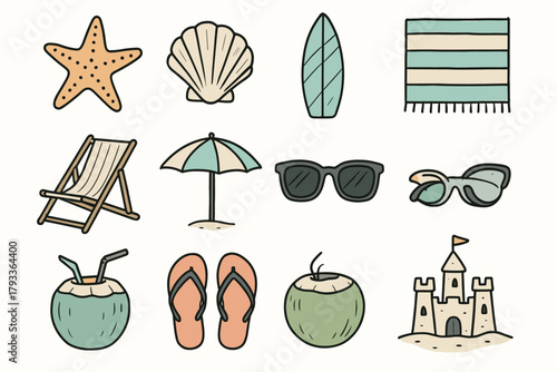 Vector vibes surfboard sandcastle icon starfish coconut umbrella beach seashell set