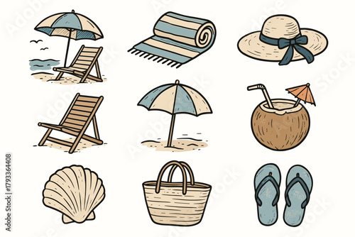 Beach hat sun collection vector icon coastal coconut towel relaxation seashell