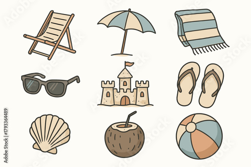 Towel coastal vacation beach sandcastle sunglasses ball vector set icons icon