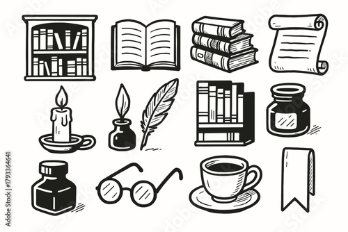 Tea classic glasses vintage open vector icon books collection library bottle