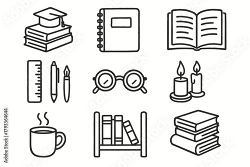 Academic tea vector notebook mug book icon study collection open ruler candle