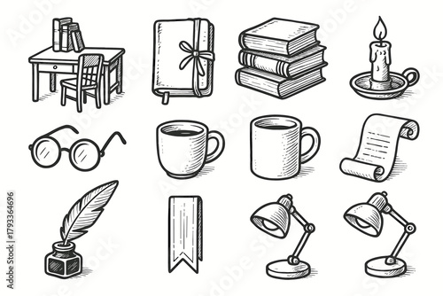 Bookmark glasses journal s quill book lamp pen vector home study icon