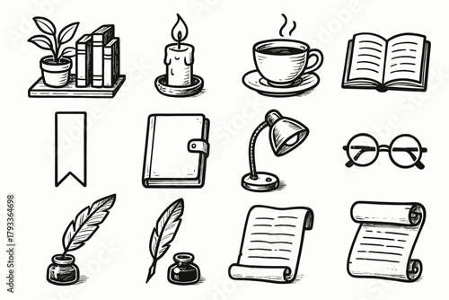 Aesthetic icons ink candle open icon book journal reading lamp vector collection