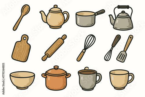 Vector bowl pot icon icons cozy wooden board pin kitchen whisk rolling