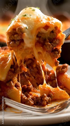 Close up of baked pasta with cheese and meat sauce on a plate