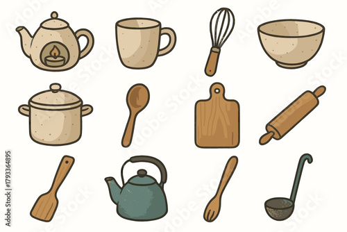 Board kitchen set teapot cozy spatula vector whisk spoon cutting icon